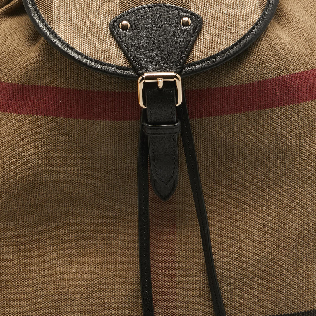 BURBERRY Black/Beige Mega Check Canvas and Leather Drawstring Flap Backpack