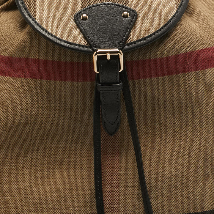 BURBERRY Black/Beige Mega Check Canvas and Leather Drawstring Flap Backpack