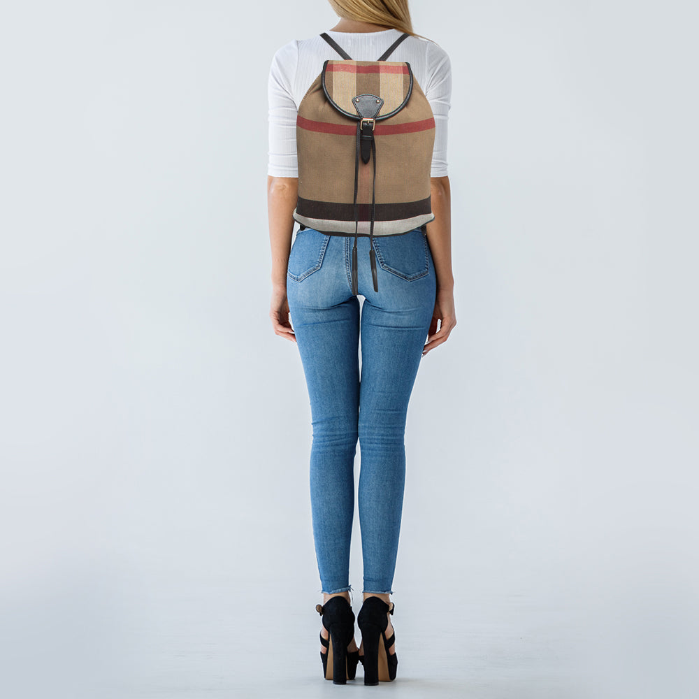 BURBERRY Black/Beige Mega Check Canvas and Leather Drawstring Flap Backpack