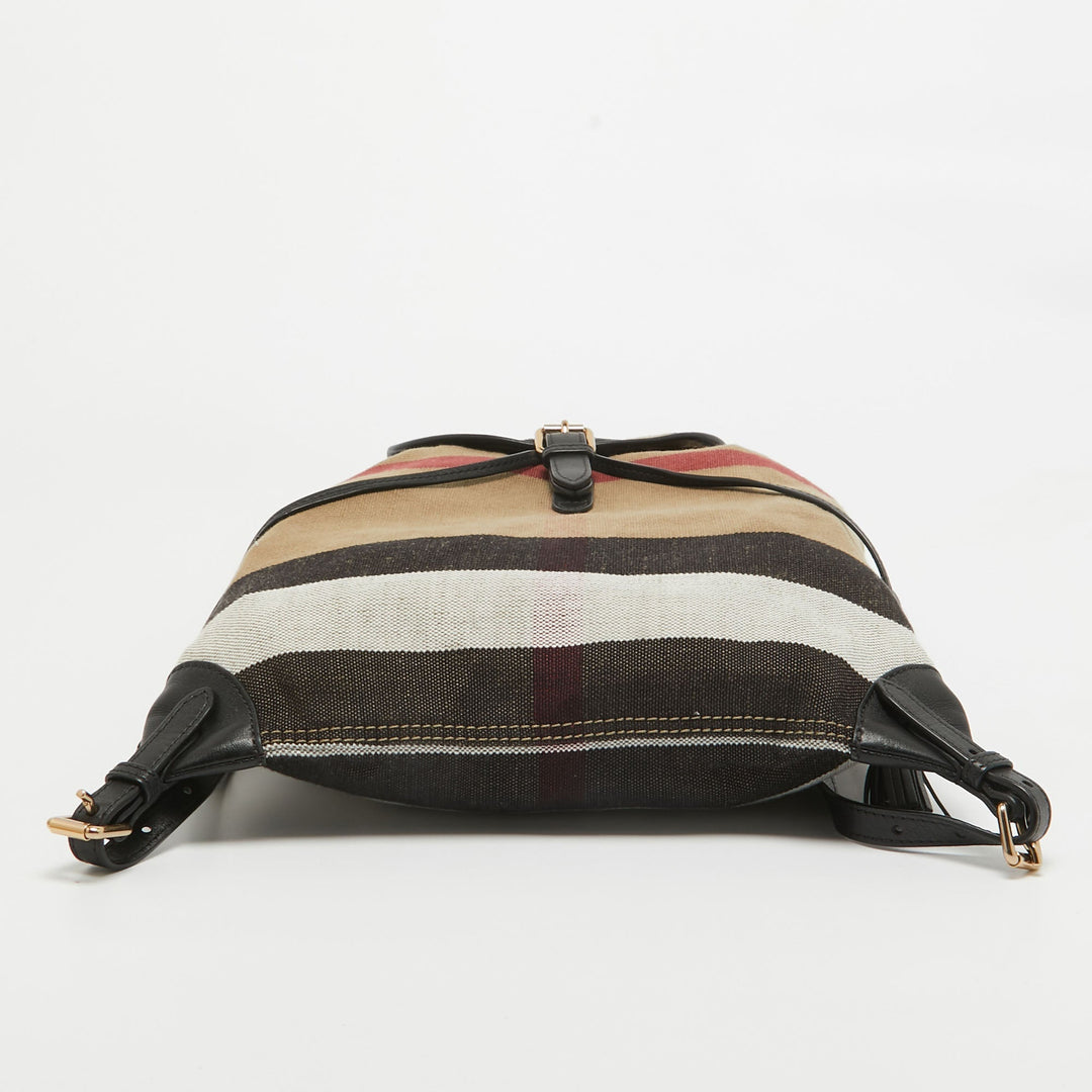 BURBERRY Black/Beige Mega Check Canvas and Leather Drawstring Flap Backpack