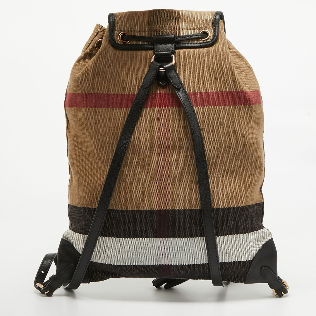 BURBERRY Black/Beige Mega Check Canvas and Leather Drawstring Flap Backpack