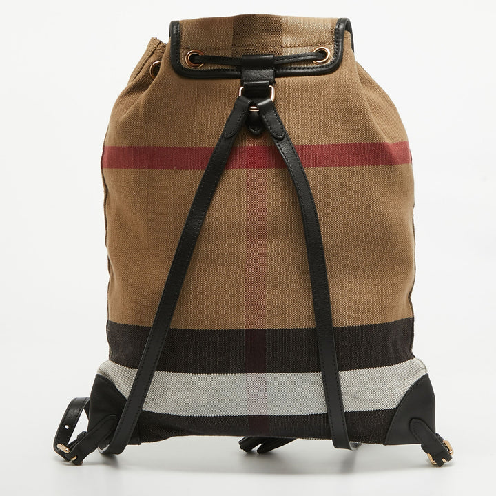 BURBERRY Black/Beige Mega Check Canvas and Leather Drawstring Flap Backpack