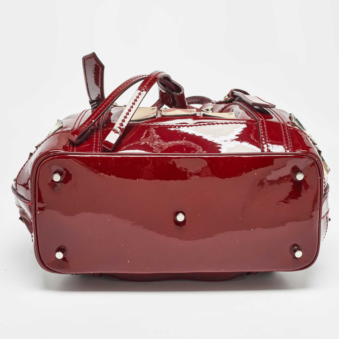 BURBERRY Red/Beige Nova Check PVC and Patent Leather Studded Warrior Armor Hobo