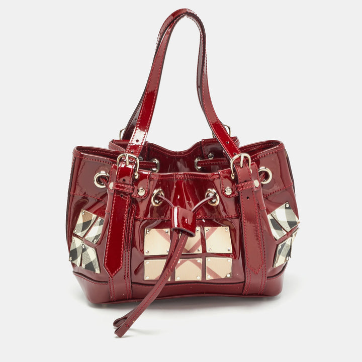 BURBERRY Red/Beige Nova Check PVC and Patent Leather Studded Warrior Armor Hobo