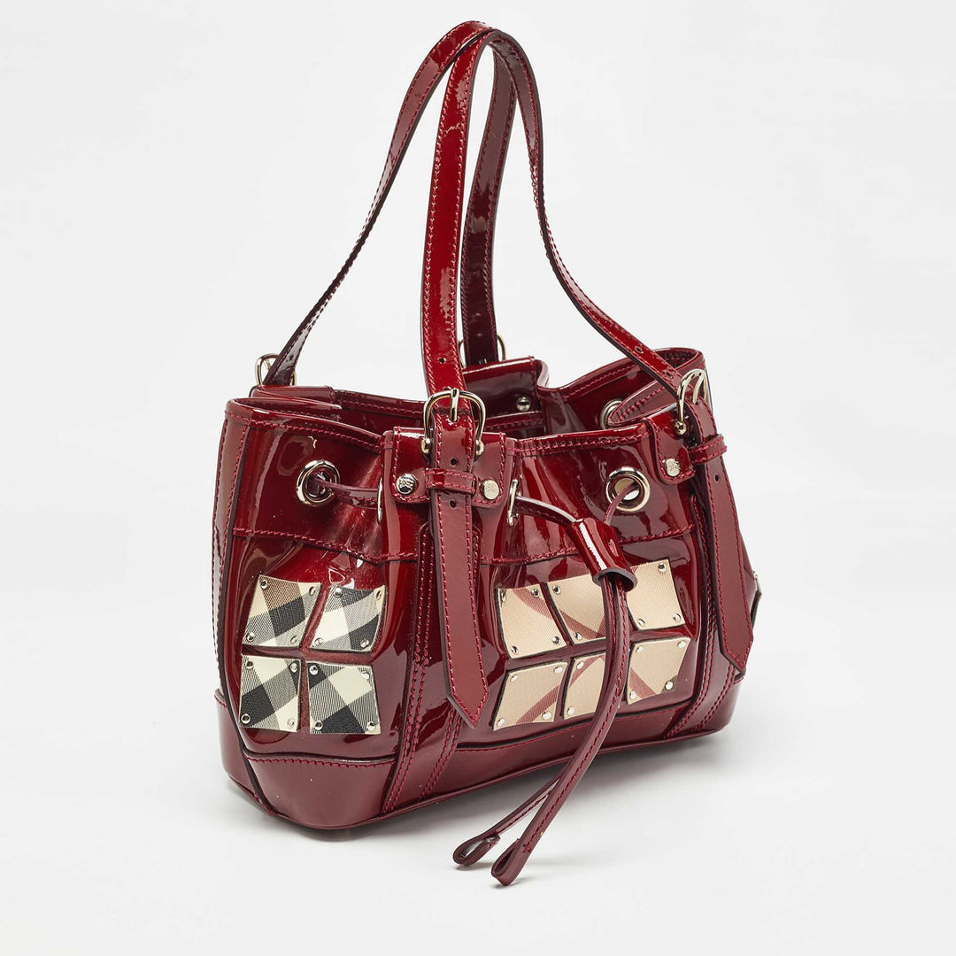 BURBERRY Red/Beige Nova Check PVC and Patent Leather Studded Warrior Armor Hobo