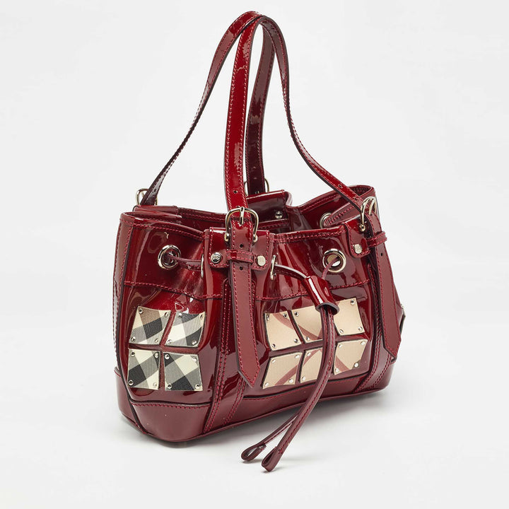 BURBERRY Red/Beige Nova Check PVC and Patent Leather Studded Warrior Armor Hobo