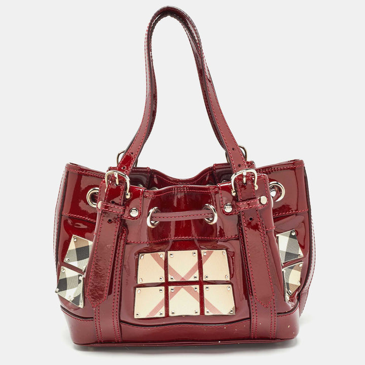 BURBERRY Red/Beige Nova Check PVC and Patent Leather Studded Warrior Armor Hobo