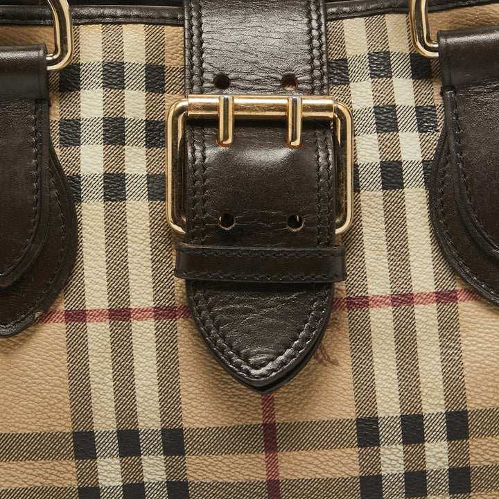 Burberry Beige/Brown Haymarket PVC and Leather Buckle Flap Tote