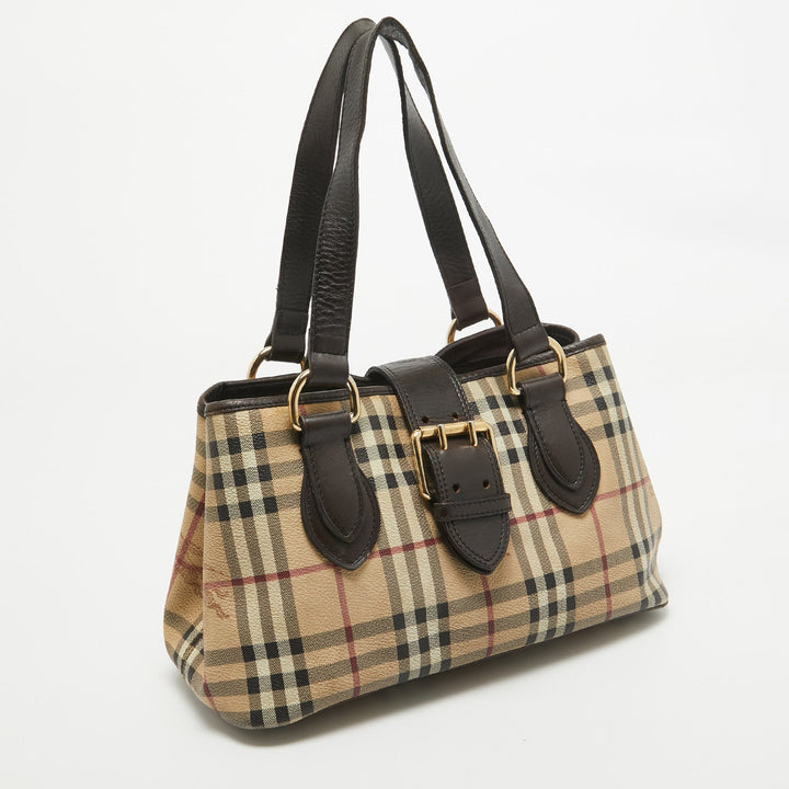 Burberry Beige/Brown Haymarket PVC and Leather Buckle Flap Tote