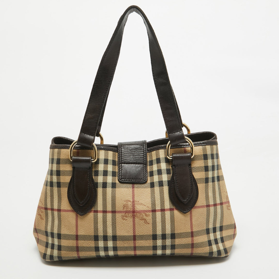 Burberry Beige/Brown Haymarket PVC and Leather Buckle Flap Tote