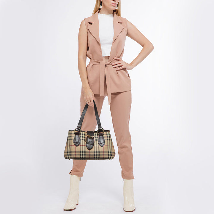 Burberry Beige/Brown Haymarket PVC and Leather Buckle Flap Tote