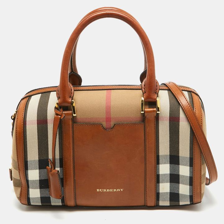BURBERRY Brown Ochre House Check Fabric Medium Sactorial Alchester Bowler Bag