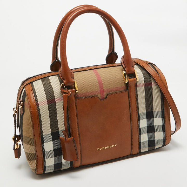 BURBERRY Brown Ochre House Check Fabric Medium Sactorial Alchester Bowler Bag