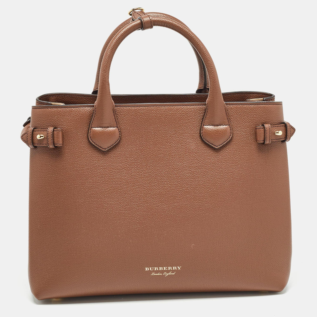 BURBERRY Brown/Beige Leather and House Check Fabric Medium Banner Tote