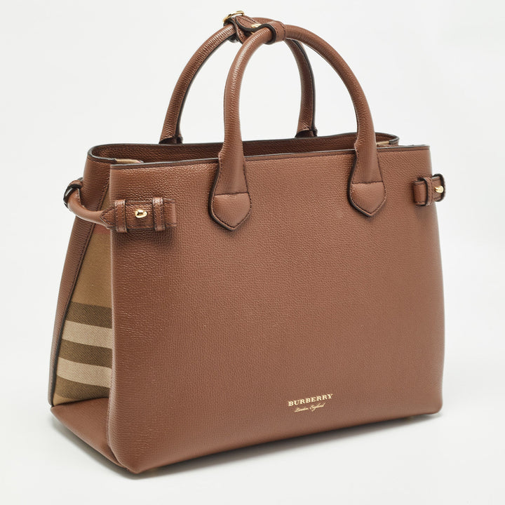 BURBERRY Brown/Beige Leather and House Check Fabric Medium Banner Tote