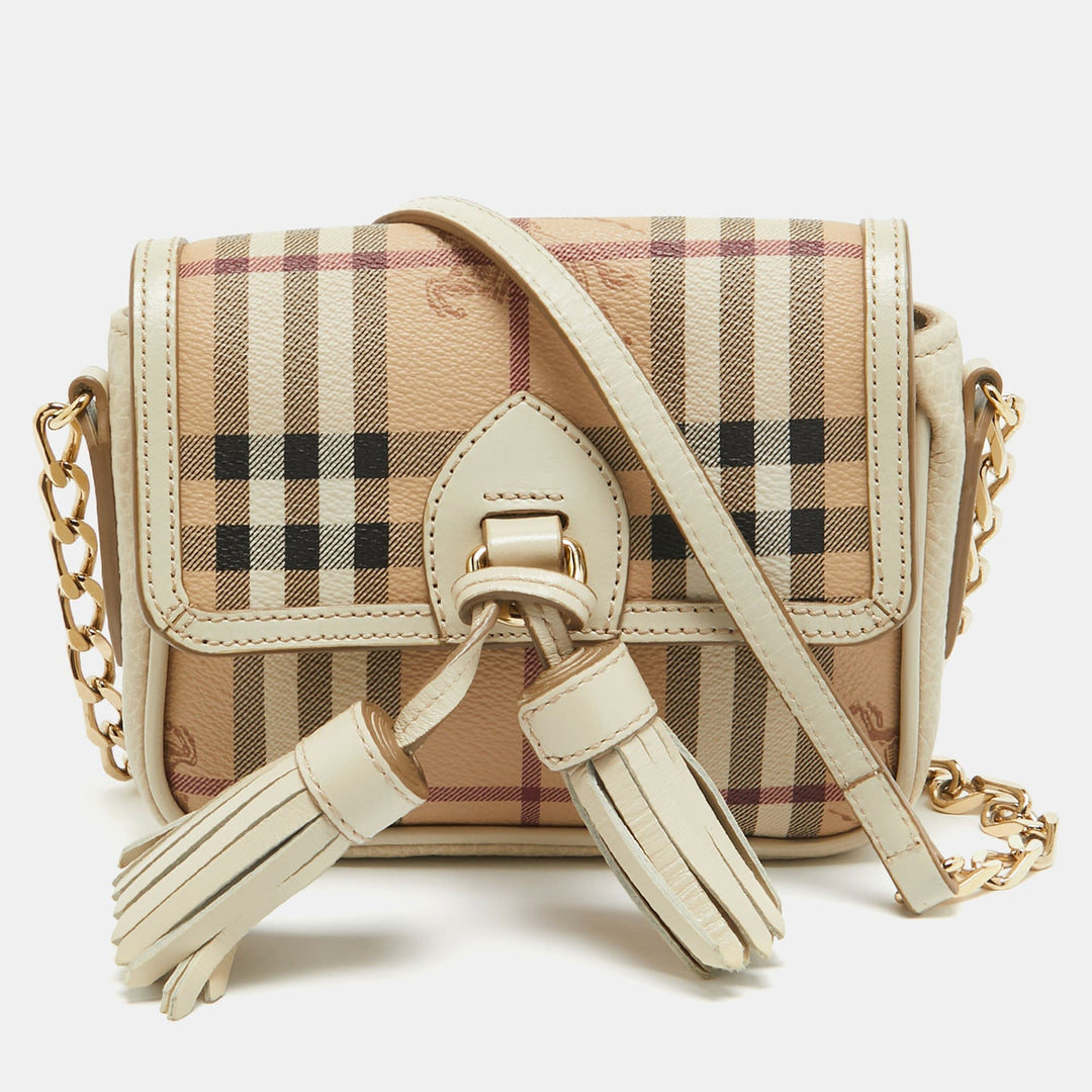 BURBERRY Off White/Beige Haymarket Coated Canvas Tassel Crossbody Bag
