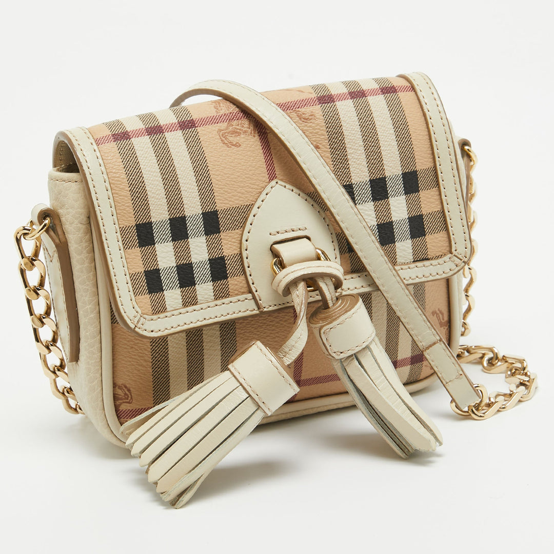 BURBERRY Off White/Beige Haymarket Coated Canvas Tassel Crossbody Bag