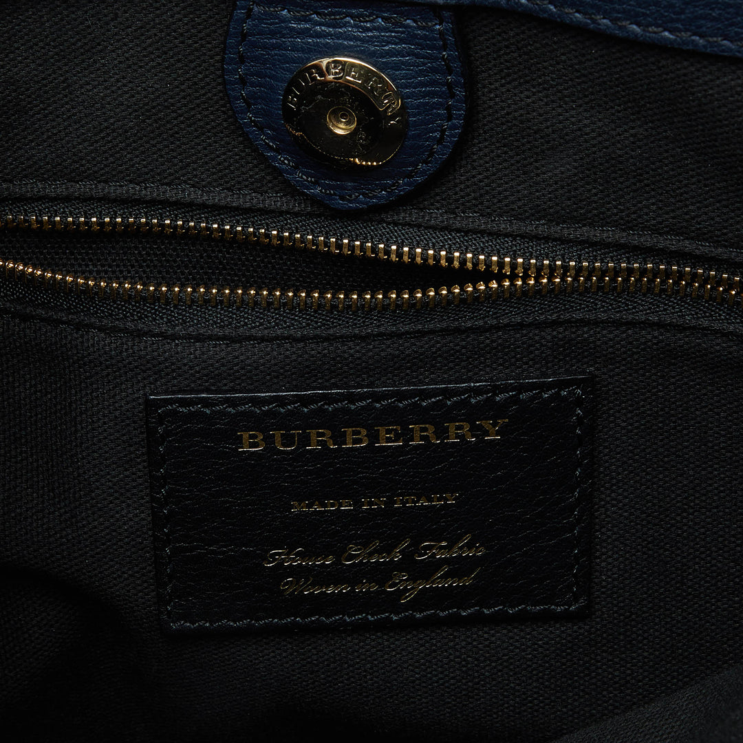 Burberry Blue/Beige Leather and House Check Canvas Medium Banner Tote