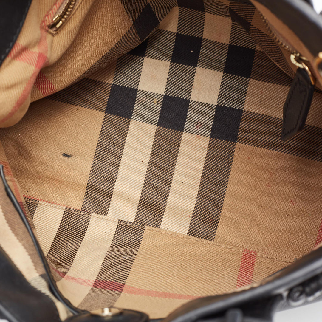 Burberry Black/Beige Leather and House Check Fabric Small Banner Tote