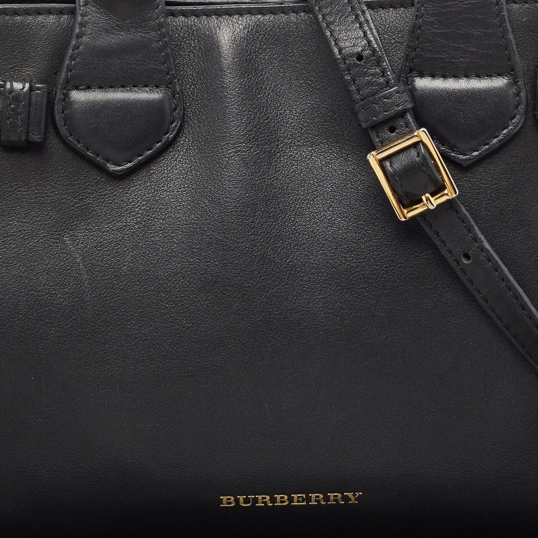 Burberry Black/Beige Leather and House Check Fabric Small Banner Tote