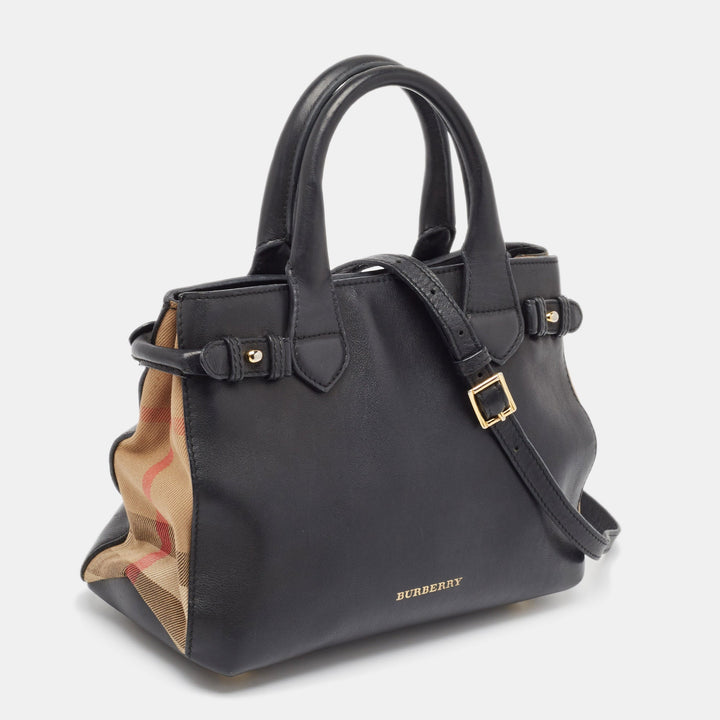 Burberry Black/Beige Leather and House Check Fabric Small Banner Tote