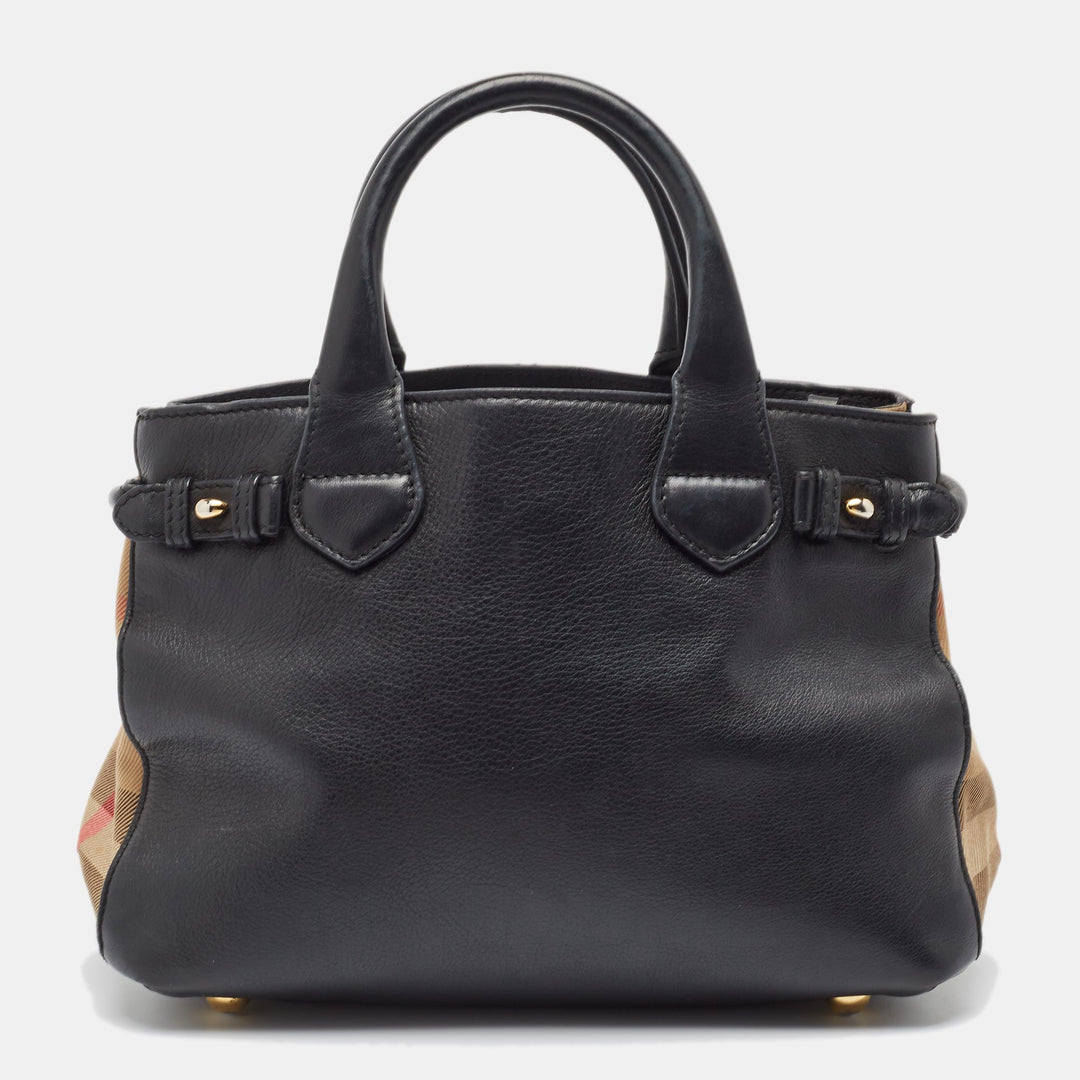 Burberry Black/Beige Leather and House Check Fabric Small Banner Tote