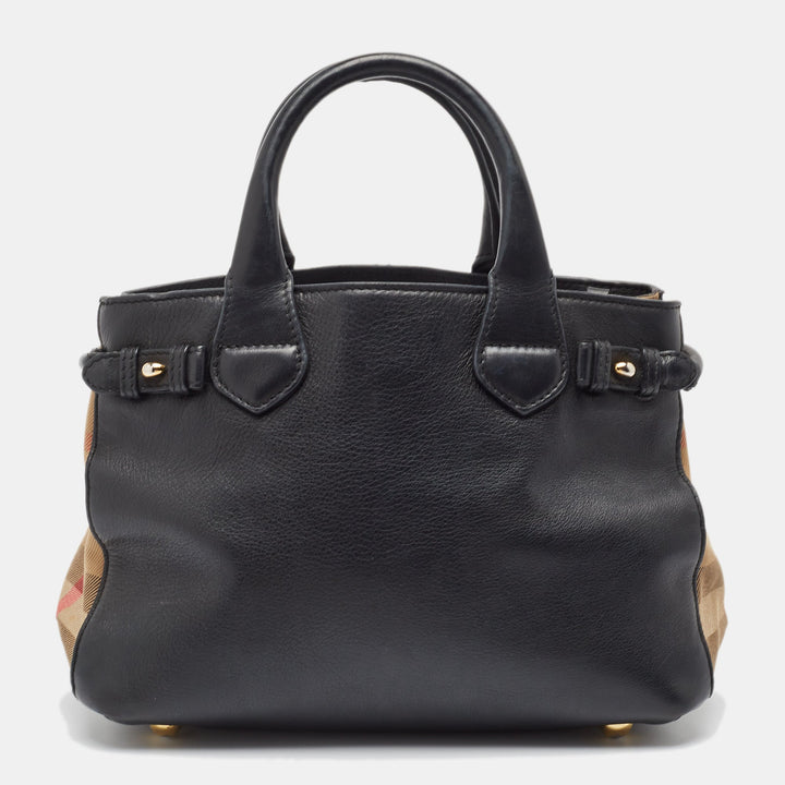 Burberry Black/Beige Leather and House Check Fabric Small Banner Tote