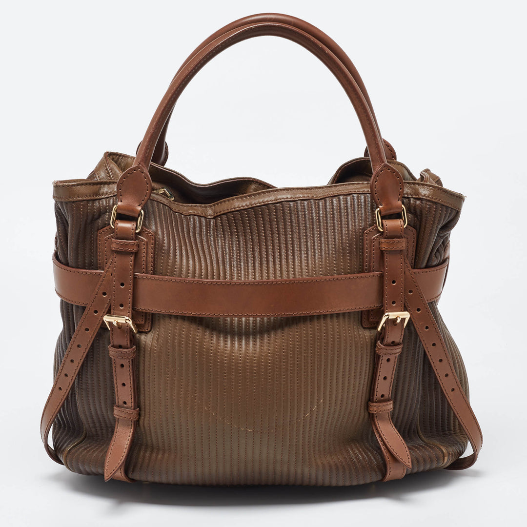 Burberry Two Tone Brown Leather Stitched Bridle Tote