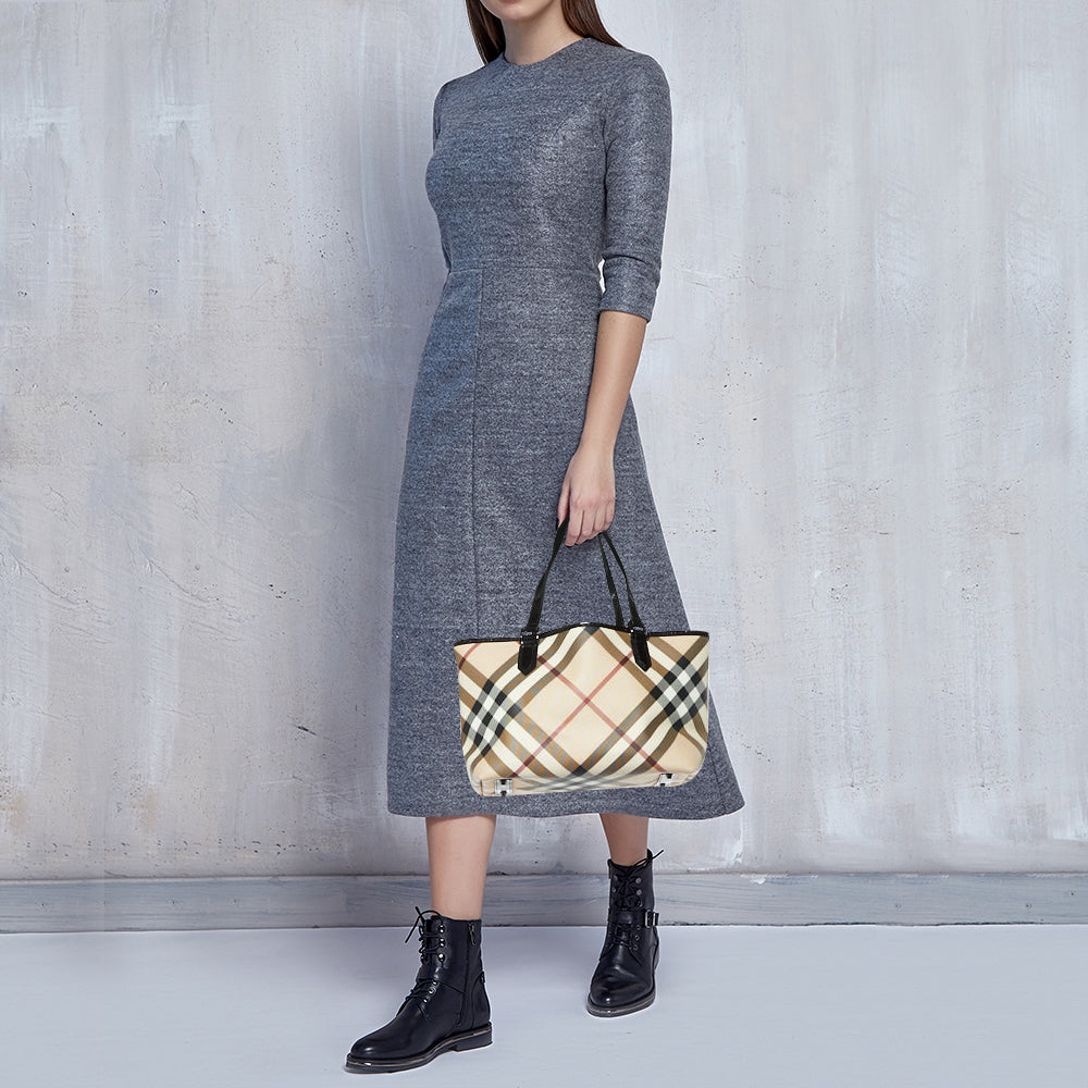 Burberry Beige/Black Supernova Check Coated Canvas and Patent Leather Nickie Tote