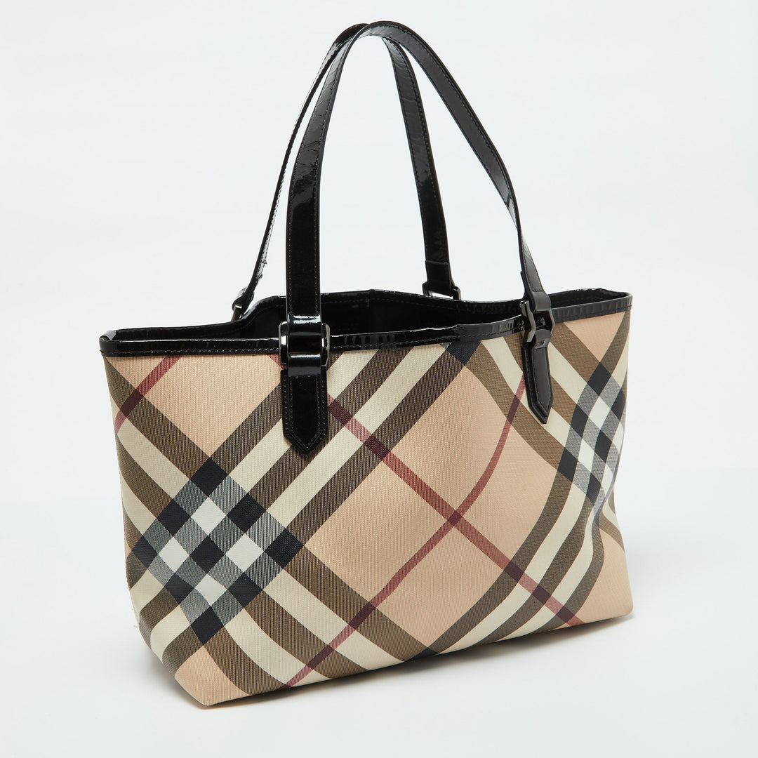Burberry Beige/Black Supernova Check Coated Canvas and Patent Leather Nickie Tote