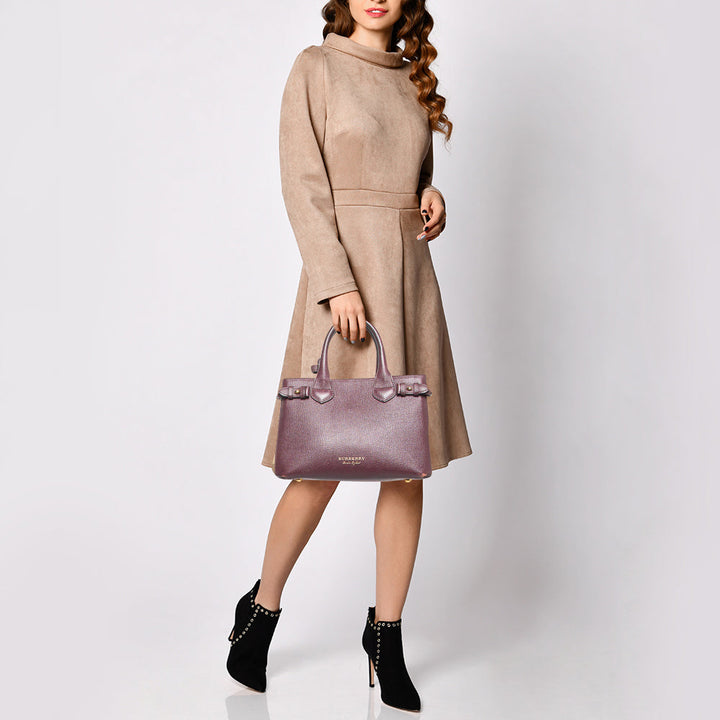 Burberry Burgundy Leather and House Check Fabric Small Banner Tote