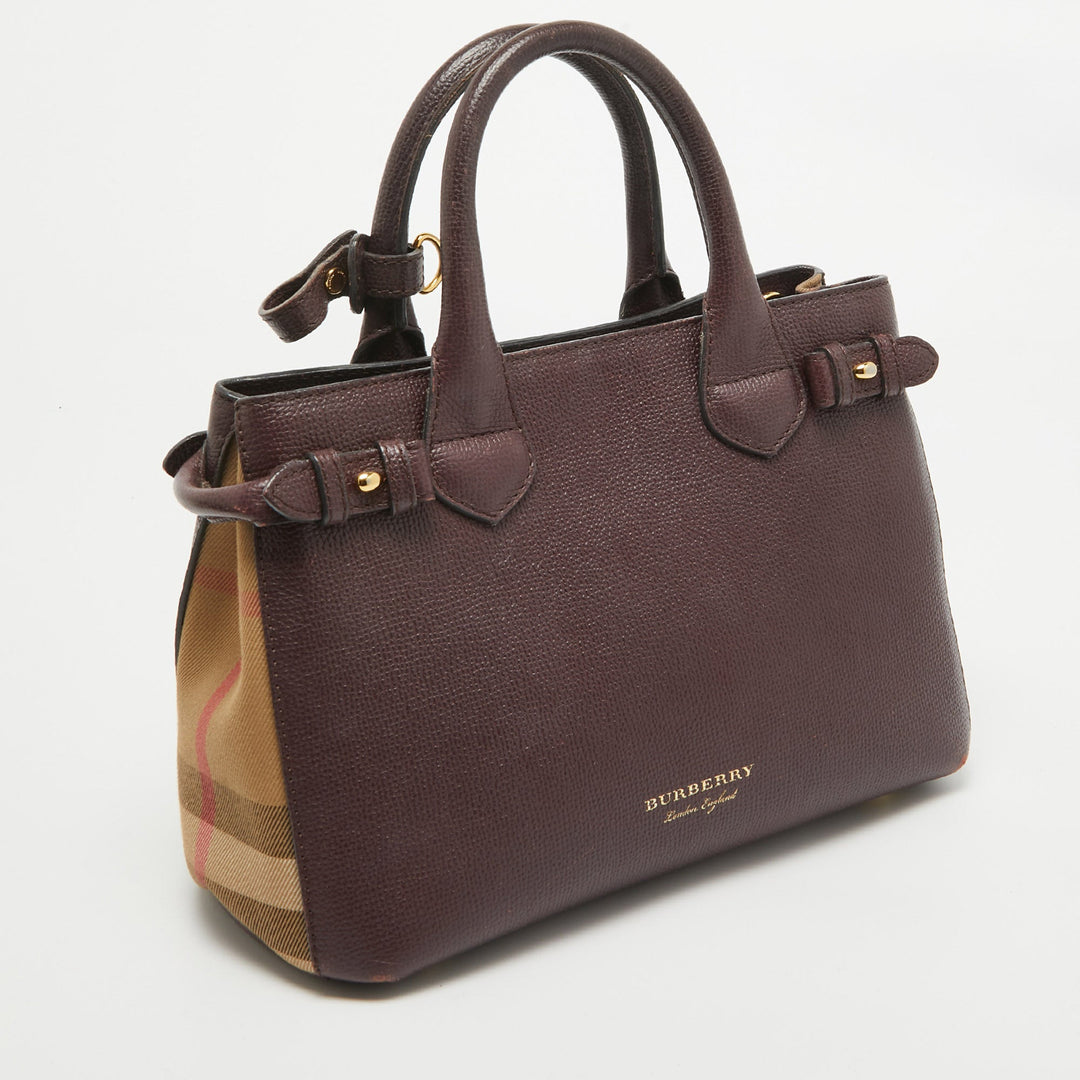 Burberry Burgundy Leather and House Check Fabric Small Banner Tote