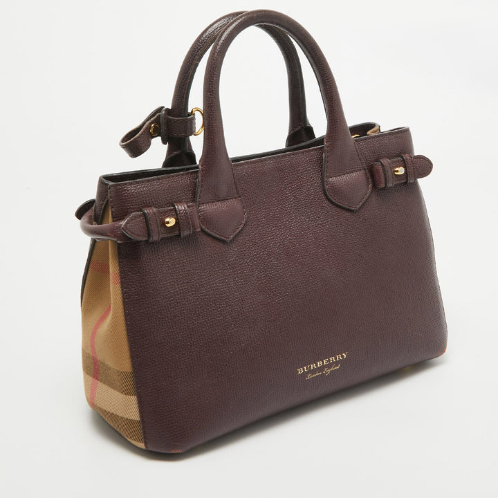 Burberry Burgundy Leather and House Check Fabric Small Banner Tote