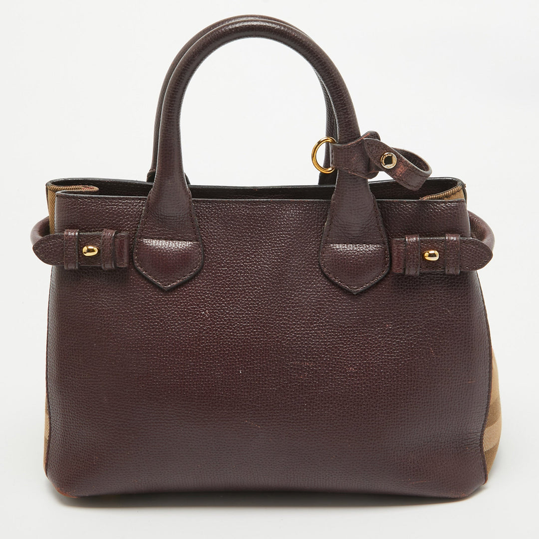 Burberry Burgundy Leather and House Check Fabric Small Banner Tote