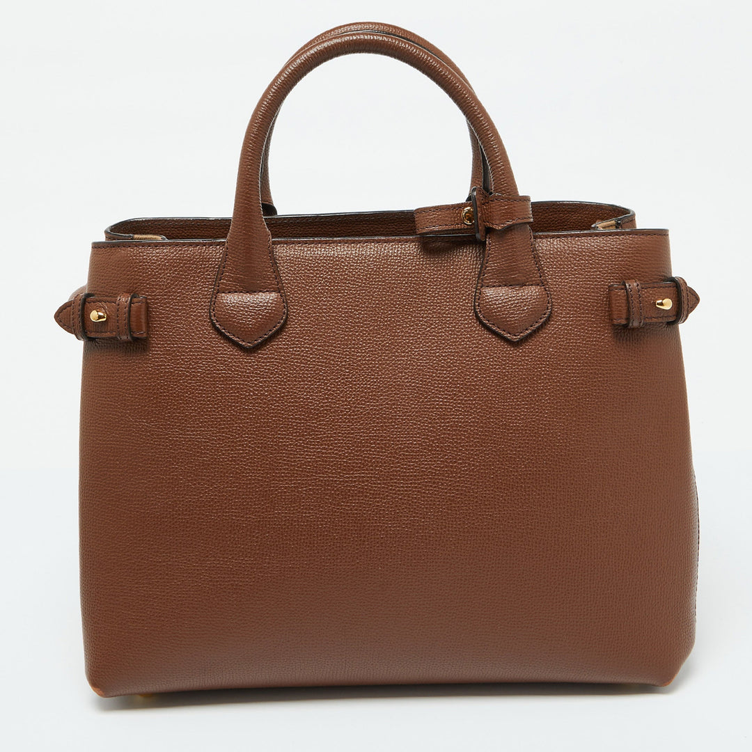 Burberry Brown Leather and House Check Fabric Medium Banner Tote