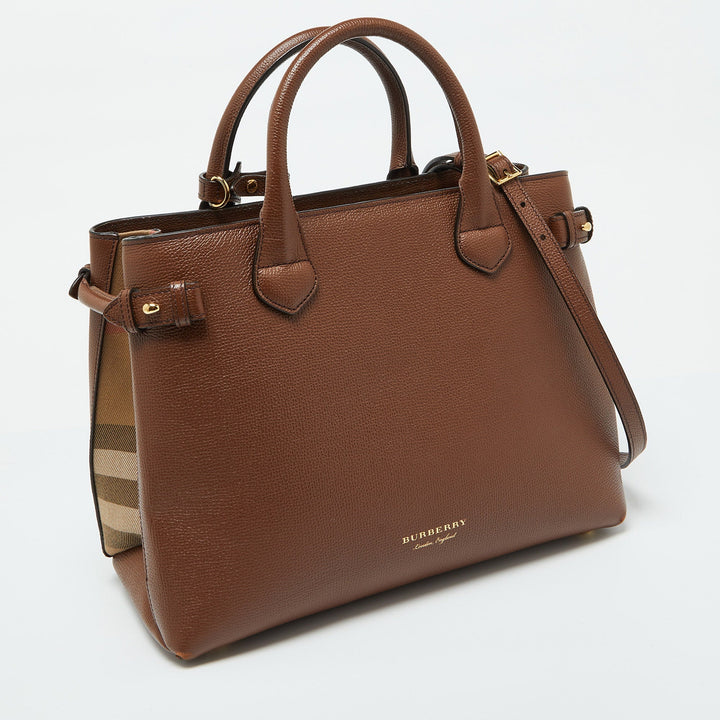 Burberry Brown Leather and House Check Fabric Medium Banner Tote