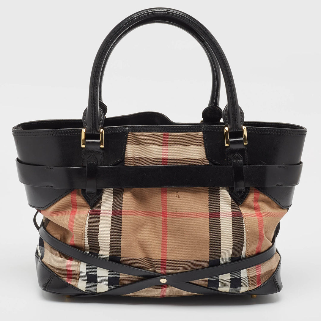 Burberry Black/Beige House Check Fabric Medium Bridle Lynher Tote