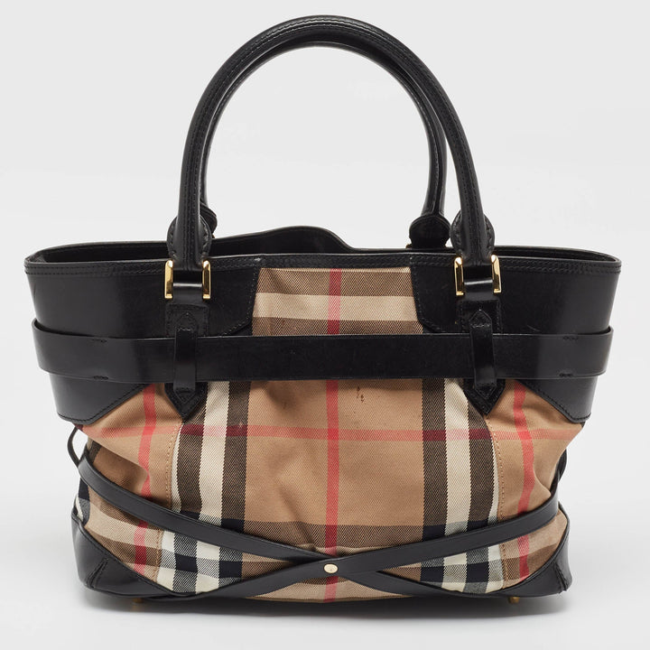 Burberry Black/Beige House Check Fabric Medium Bridle Lynher Tote
