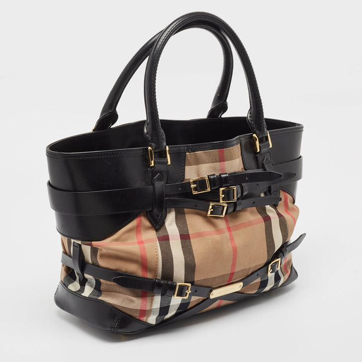 Burberry Black/Beige House Check Fabric Medium Bridle Lynher Tote