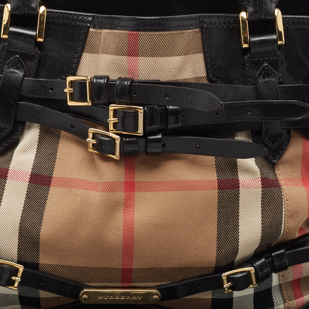 Burberry Black/Beige House Check Fabric Medium Bridle Lynher Tote