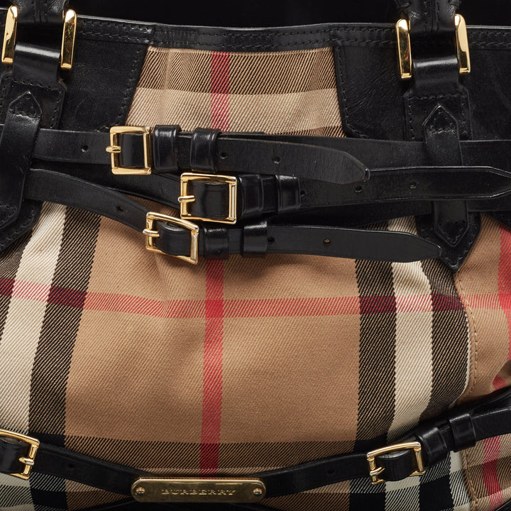 Burberry Black/Beige House Check Fabric Medium Bridle Lynher Tote