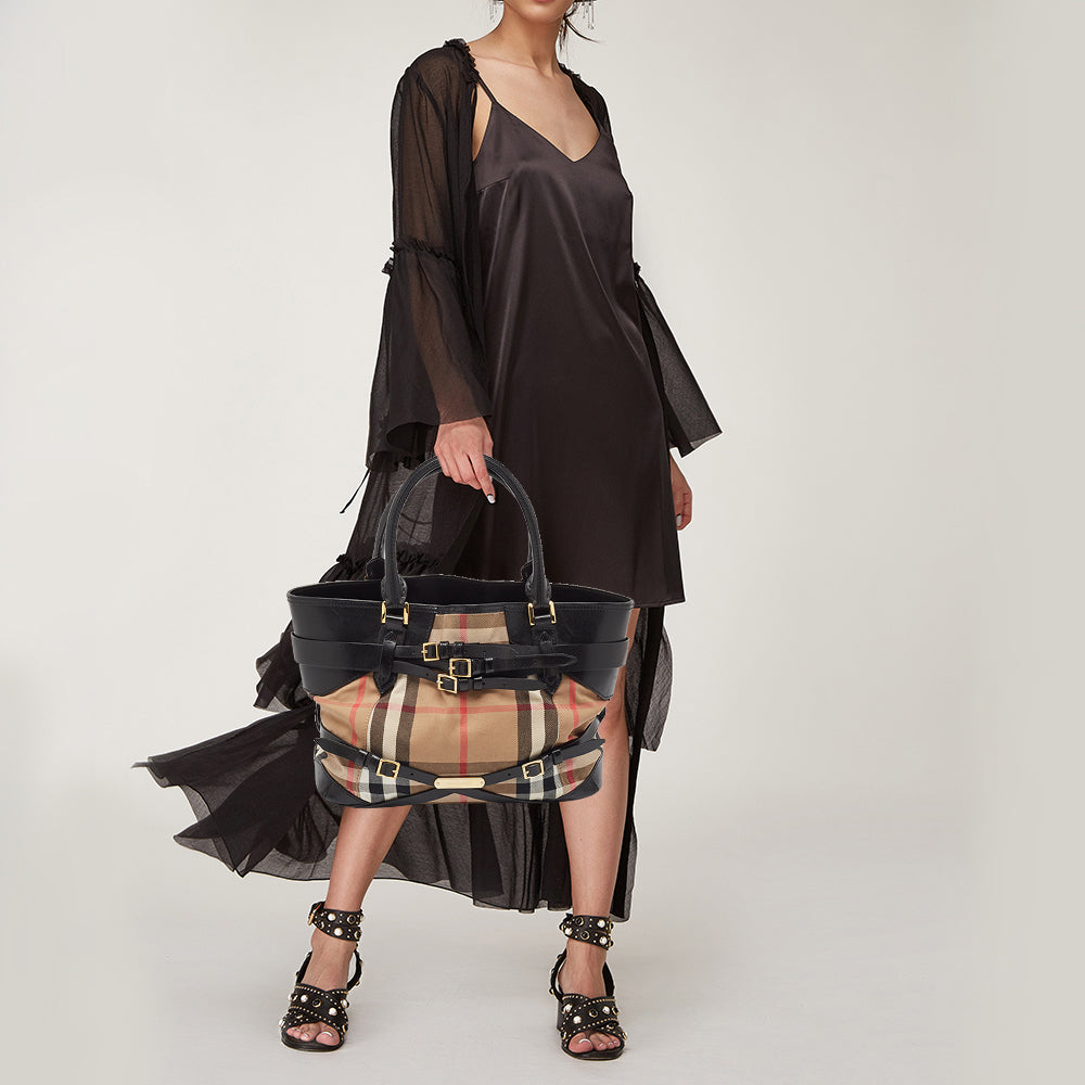Burberry Black/Beige House Check Fabric Medium Bridle Lynher Tote