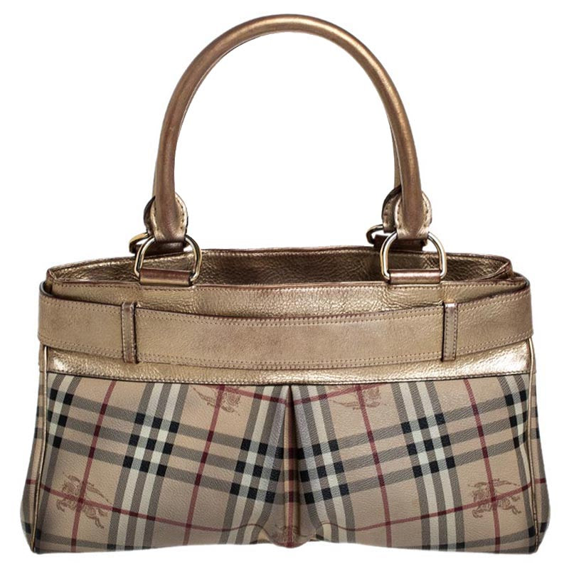 Top Quality Burberry Beige/Gold Haymarket Check Coated Canvas and Leather Bridle Tote