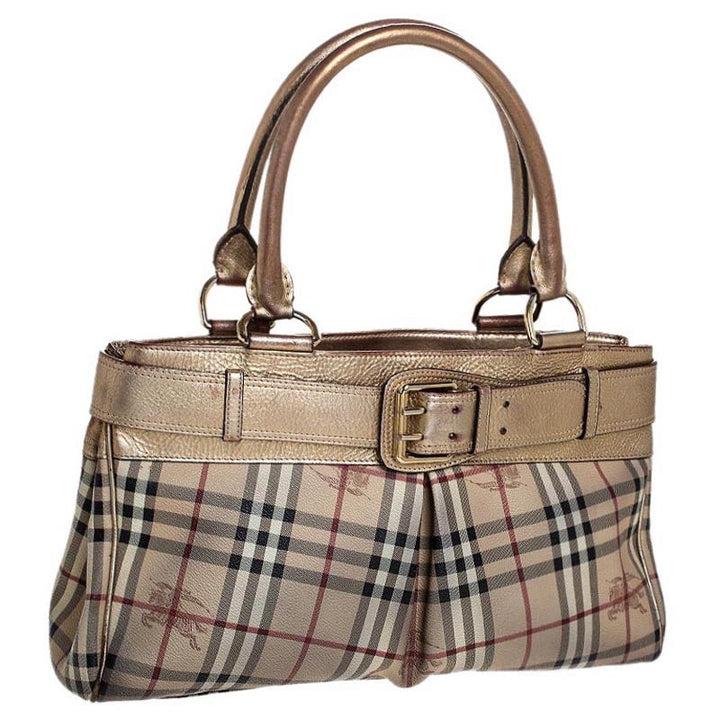 Top Quality Burberry Beige/Gold Haymarket Check Coated Canvas and Leather Bridle Tote