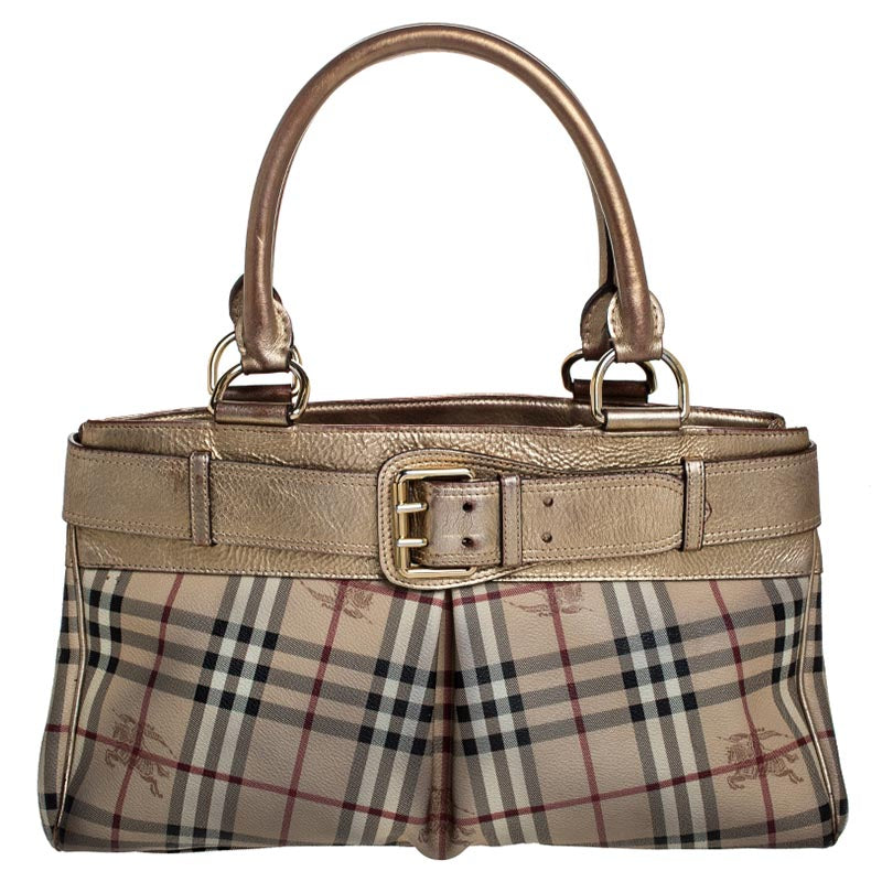 Top Quality Burberry Beige/Gold Haymarket Check Coated Canvas and Leather Bridle Tote