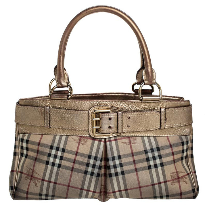 Top Quality Burberry Beige/Gold Haymarket Check Coated Canvas and Leather Bridle Tote