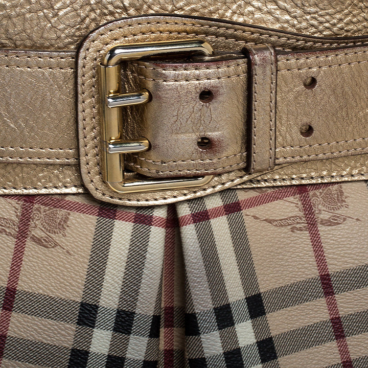 Top Quality Burberry Beige/Gold Haymarket Check Coated Canvas and Leather Bridle Tote