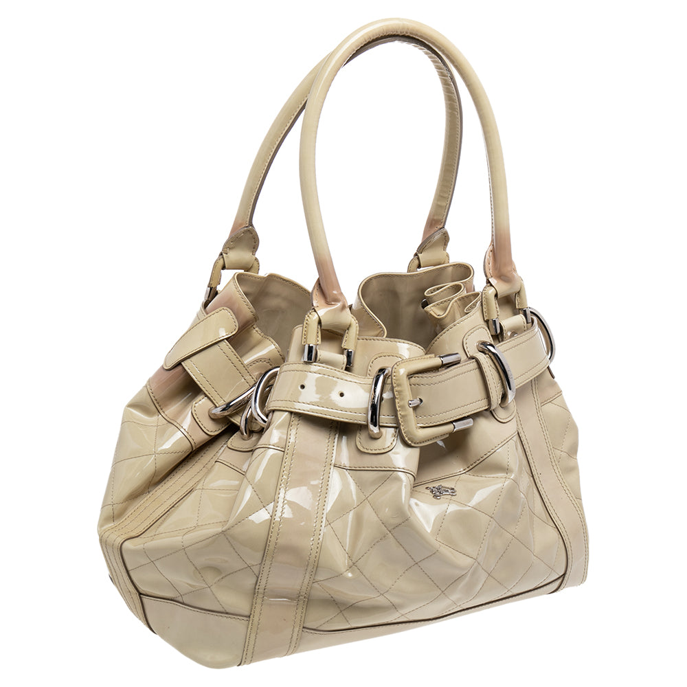 Top Quality Burberry Cream Quilted Patent Leather Beaton Tote