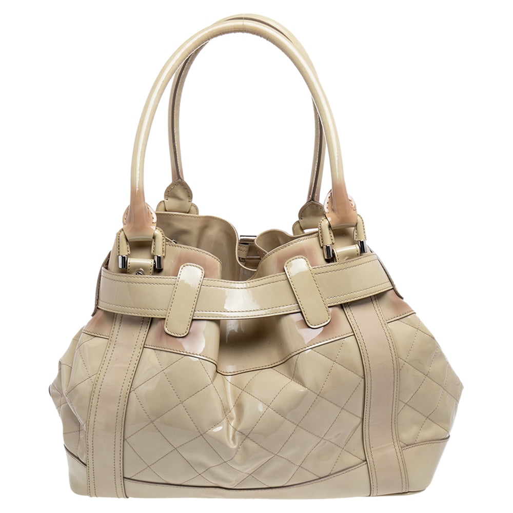 Top Quality Burberry Cream Quilted Patent Leather Beaton Tote