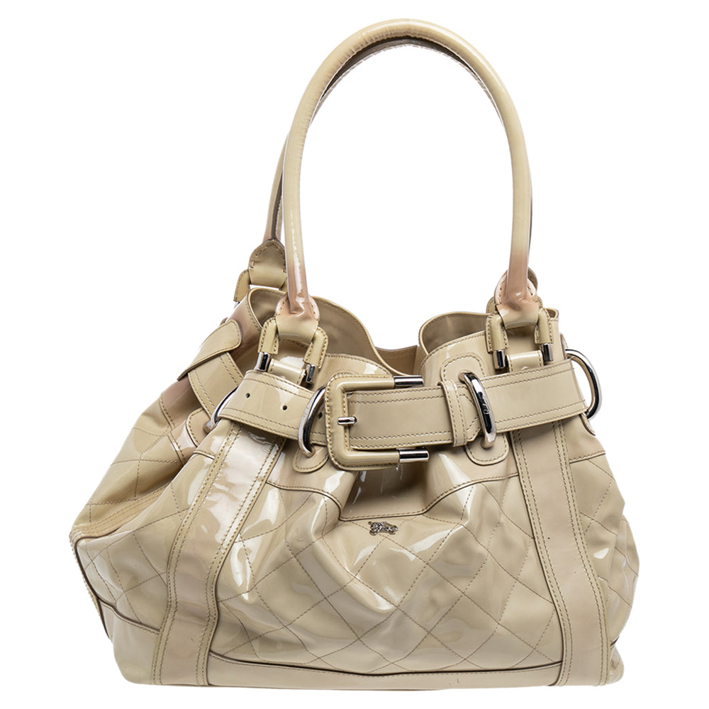 Top Quality Burberry Cream Quilted Patent Leather Beaton Tote